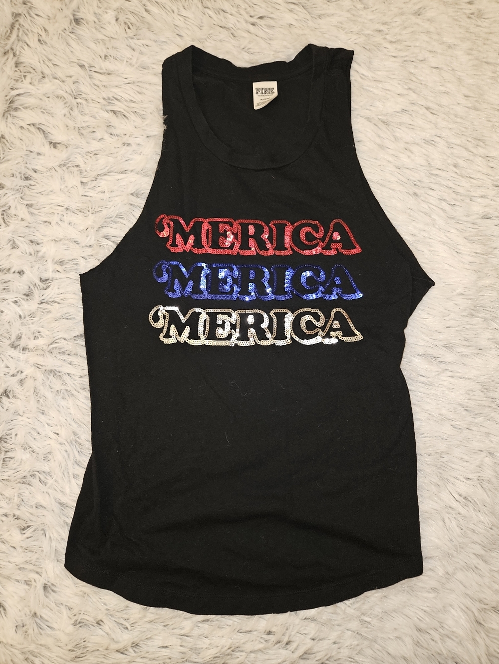 Victoria’s Secret PINK “Merica” Sequin Graphic Tank Top Black Patriotic Size M